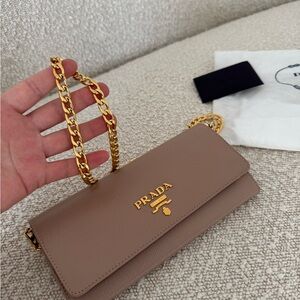 Prada Taupe Leather Wallet with Gold Chain